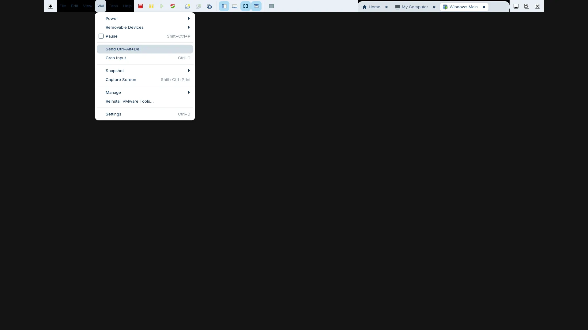 VMwareのメニューでCtrl+Alt+Escを送ろうとしているスクショ
